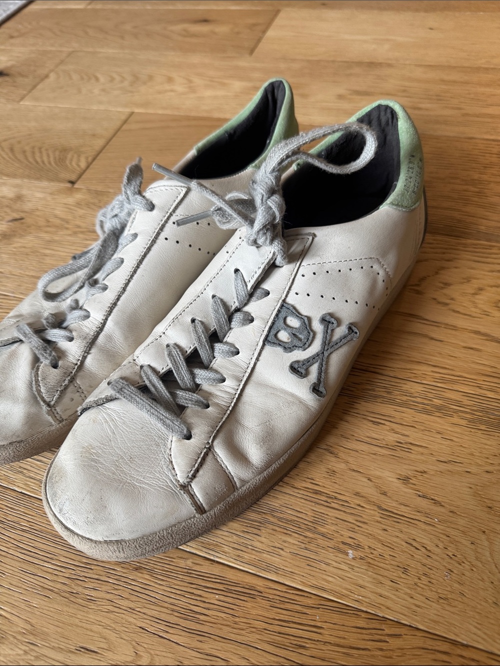 White Leather Sneakers with Mint Heel Accent